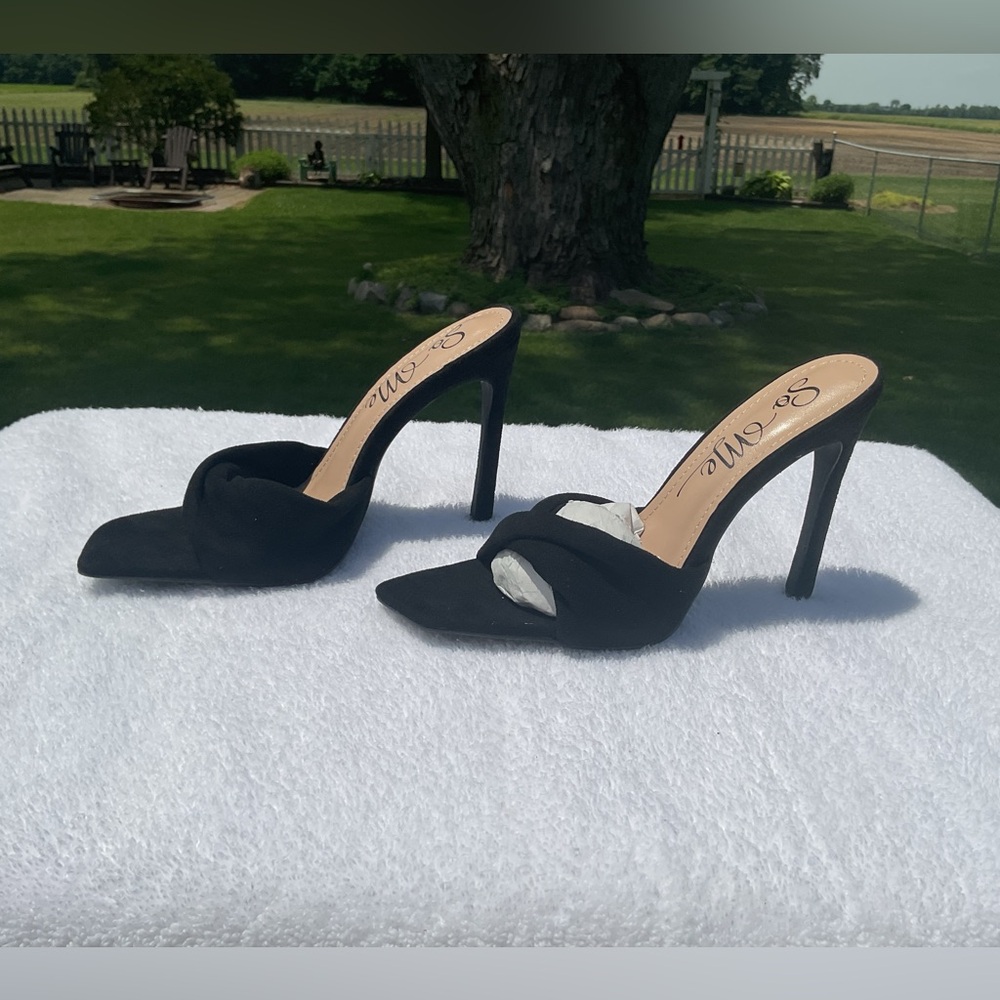Women So Me Black High heel Mule Stiletto Square Open Toe Faux Suede Formal 7
